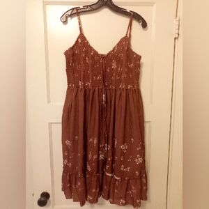 Boho Style Brown With White  Floral Mini Dress Size 2XL